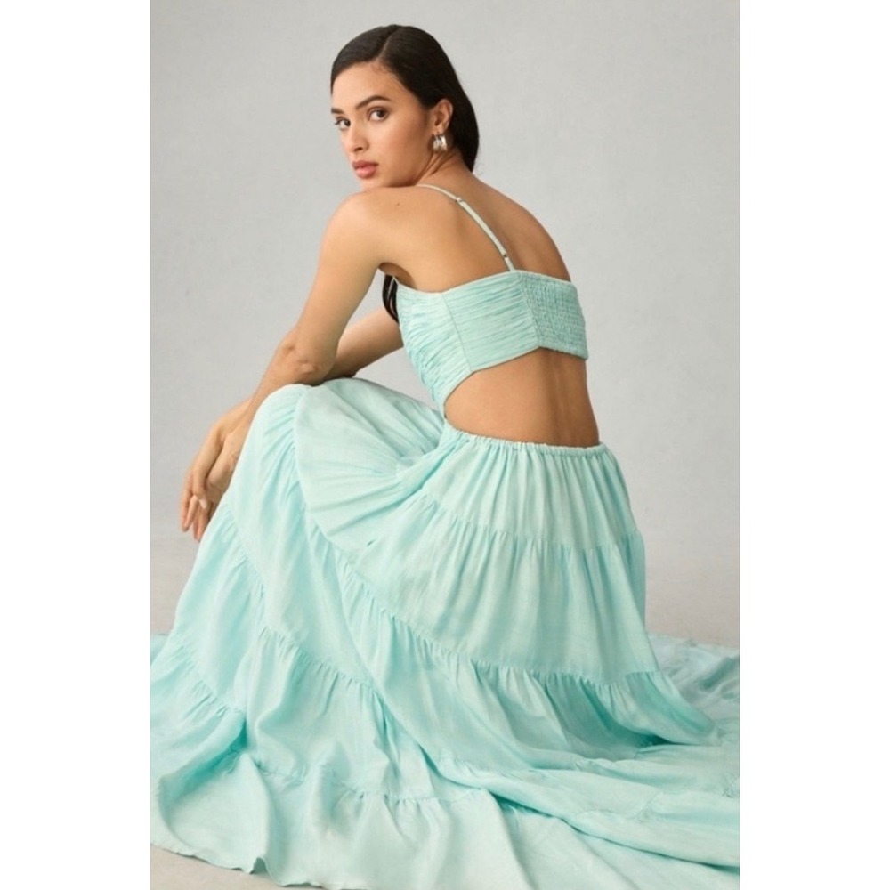 Let Me Be Anthropologie Blue Tiered Maxi Dress Open Back Cutout Small